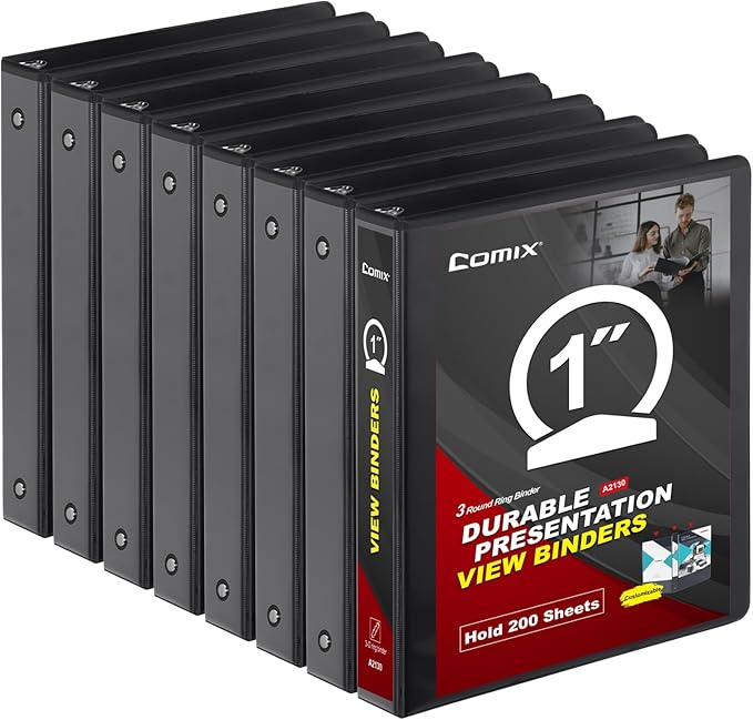 COMIX Sturdy 3 Ring Binder 1 inch with Clear View Cover, 1" Round Ring View Binder, PVC-Free, 200 Sheets Capacity of US Letter Size Paper, Office ＆ School Supplies, 8 Pack (Black)