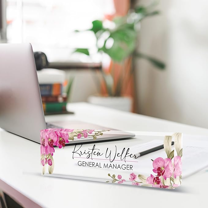 Personalized Name Plate for Desk, Custom Desk Name Plate, Acrylic Name Plate Office Desk Accessories, Personalized Office Gifts for Coworkers Teachers, Employee Appreciation Gifts (A-Butterfly Orchid)