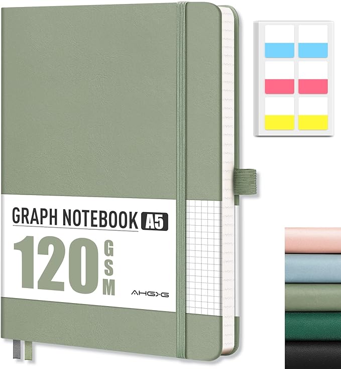 AHGXG Graph Paper Notebook - Grid Notebook Journal A5, 120 GSM Thick Graph Paper, 160 Pages, Leather Hardcover, for Graphing, Writing, Math, Engineering, 5.75'' × 8.38''- Sage Green