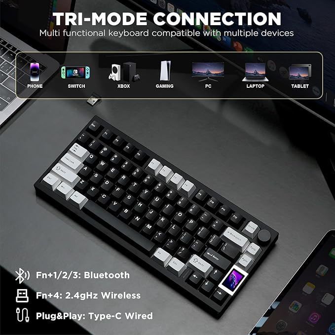 YUNZII AL80 Wireless Mechanical Keyboard,Full Aluminum CNC, Smart LCD Display,Hot Swappable Gasket Mount 75% Layout with Knob,BT/2.4G/USB-C,QMK/VIA Support for Win/Mac (Black, Cocoa Cream V2 Switch)