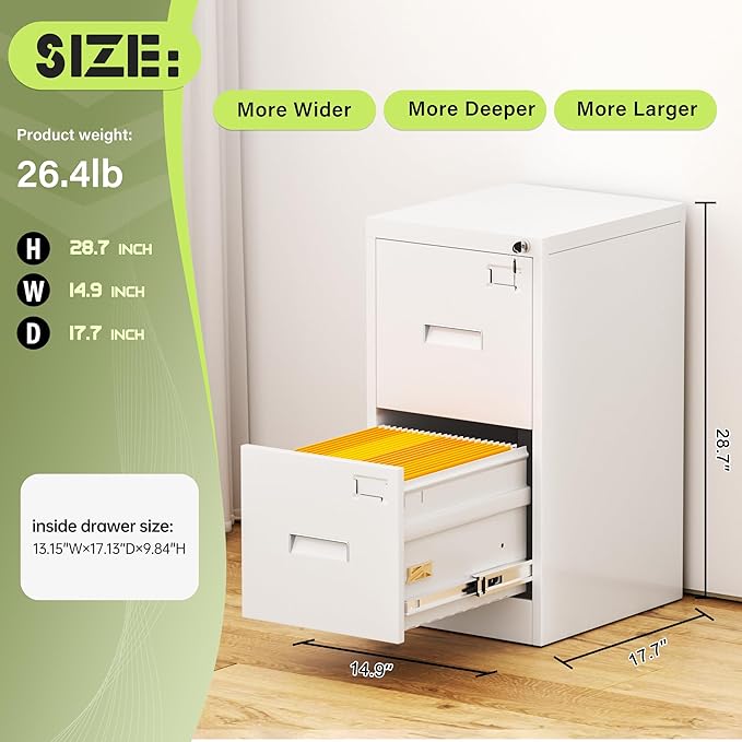Crownland Lateral File Cabinet with 2 Drawers, 15" W Metal Lockable Office File Cabinets for Home Office- Stores Letter/Legal/A4/F4 Files(White)