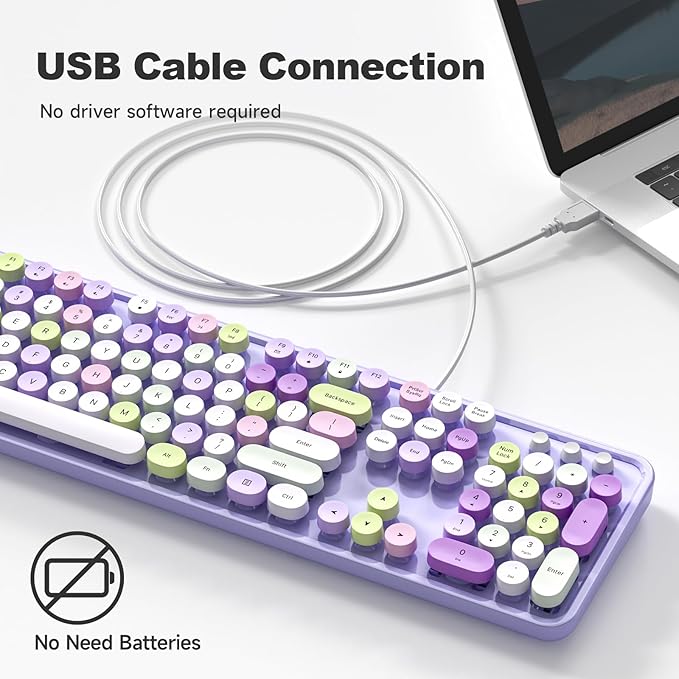 Computer Wired Keyboard, Plug Play USB Full-Size Keyboard with Large Number Pad, Caps Indicators, Foldable Stands, for Windows 7/8/10 PC Laptop (Purple Colorful)
