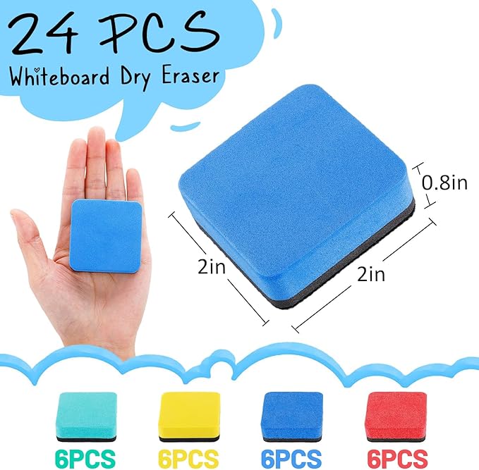 24 pcs Strong Magnetic Whiteboard Erasers - Mini Dry Erase Erasers, Small Chalkboard Cleansers Wiper for Kids and Teachers Classroom Must Haves School Supply Home and Office, Square