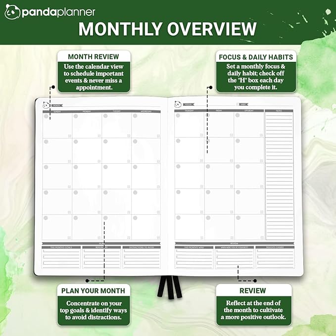 Panda Planner Pro A4 Daily Planner 2026 – 6 Month Undated Daily Productivity Planner with Large 8.5x11 Layouts, Weekly & Monthly Calendar Planner, Goal Tracker, Habit Tracker & Time Management Organizer – Dark Green