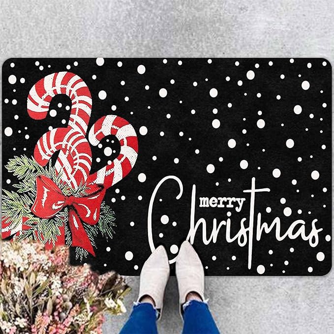 Christmas Door Mat Entrance Decoration Christmas Candy Cane Welcome Mat Black Door Front Porch Rug for Outside Front Porch Entryway Decor, 16" x 24" Inch