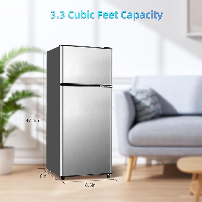 Mini Fridge with Freezer, 3.3 Cu. Ft. Double-Door Small Refrigerator with Adjustable 7-Level Thermostat & Separate Freezer, Dorm Fridge Compact for Kichen, RV, Office, Apartment, Silver