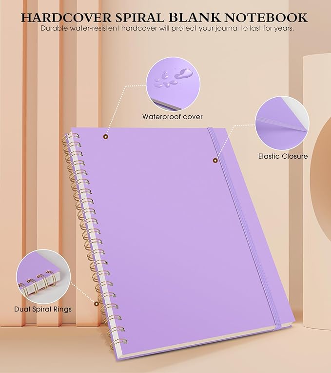 Blank Spiral Notebook Journal 8.5” x 11”, A4 Large Sketch Book for Women Men, 100 GSM Blank Paper Drawing Notebook, Plastic Hardcover Spiral Bound Sketchbook for Sketching Work School Writing, Purple