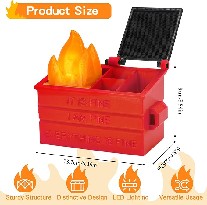 Dumpster Pencil Holder with Flame Light and Charging Port Dumpster Pen Holder Desk Accessories for Office Christmas Decor (Red, 1P)