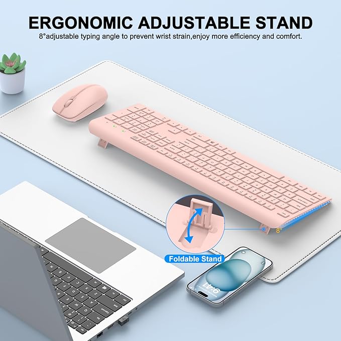 Wireless Keyboard and Mouse Combo, Full Size Silent Ergonomic Keyboard and Mouse, Long Battery Life, Optical Mouse, 2.4G Lag-Free Cordless Mice Keyboard for Computer, Mac, Laptop, PC, Windows(Pink)