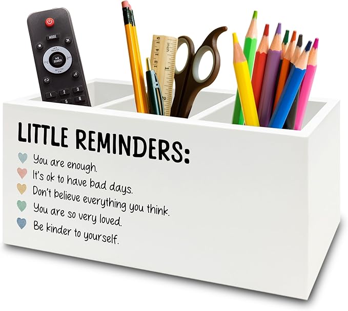 Little Reminders Inspirational Pen Pencil Holder Organizer for Desk, Positive Gifts, Mental Health Motivational Wooden Box Sign for Therapy Counselor Office Classroom Desk Tabletop Decorations