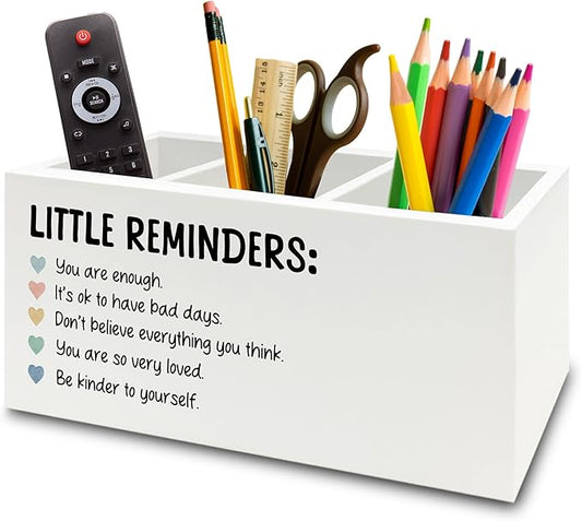 Little Reminders Inspirational Pen Pencil Holder Organizer for Desk, Positive Gifts, Mental Health Motivational Wooden Box Sign for Therapy Counselor Office Classroom Desk Tabletop Decorations