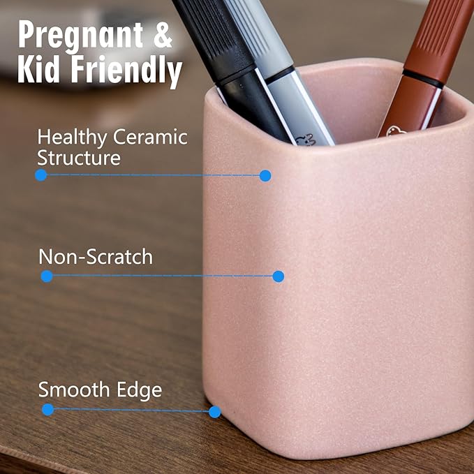 Pen Holder, 2 Pack Pencil Holder for Desk,Ceramic Pencil Cup Desk Organizer, Makeup Brush Holder Cute, Stationery Accessories for Office, School, Home (Matte pink)