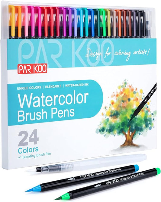 ParKoo Watercolor Brush Pens, 24 Colors Flexible Real Nylon Brush Tip Pens for Watercolor Painting, 1 Blending Brush, Paint Markers for Artists and Beginner Painters Coloring Books, Calligraphy