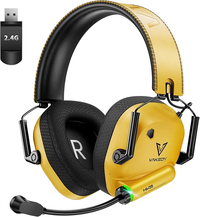 Wireless Gaming Headset for PC, PS5, PS4, Mac, Switch, 2.4GHz USB Dongle Wireless Gaming Headphones with Microphone, Bluetooth 5.4, 50mm Driver, Stereo Sound, Cool Lighting, 50H Battery-Yellow