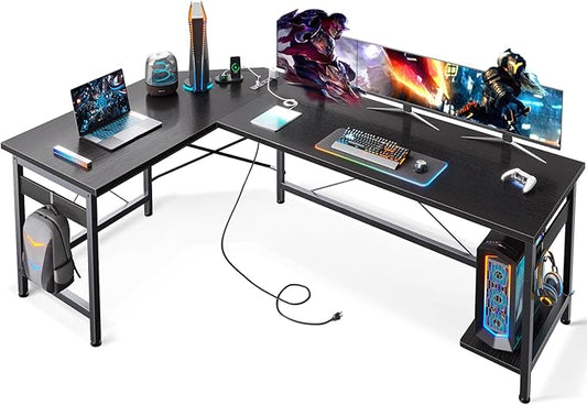 Coleshome 66" L Shaped Gaming Desk with Outlet, L Shaped Desk with CPU Stand, Corner Computer Desk, Home Office Desk, Writing Desk, Black