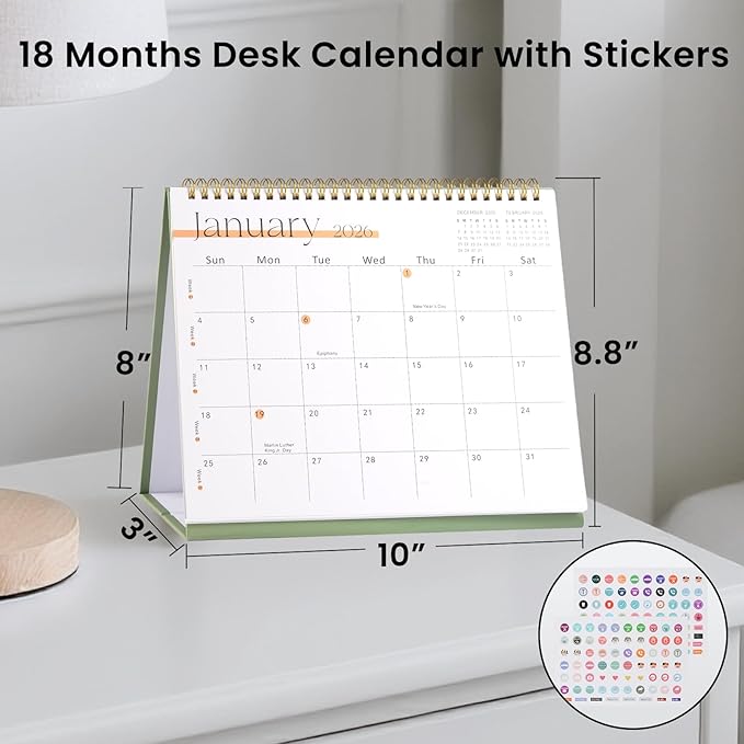Desk Calendar 2025-2026,July 2025 to Dec 2026 18 Months Standing Flip Desk Calendar with Stickers,10" x 8" Desktop Calendar for Home Office School,Green