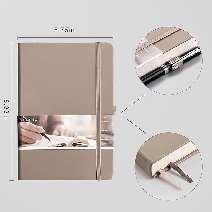 EMSHOI A5 Graph Paper Notebook - 256 Pages PU Leather Hardcover Journal, 120gsm Thick No-Bleed Grid Paper Notebook for Women Men Work School Math Engineering, 5.75" x 8.38" Khaki