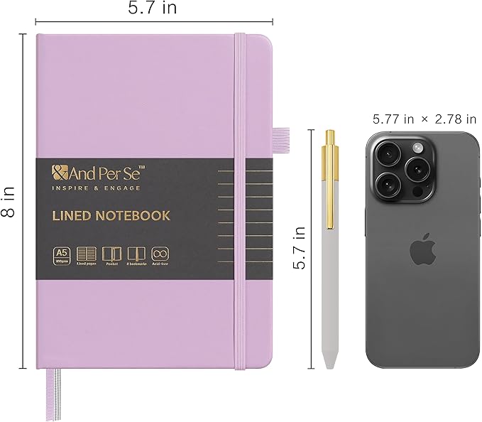 A5 Lined Leather Journal and Pen Set, Hardcover Notebook with Pen, 160 Pages 100gsm Thick Ruled Paper for Men Women, for Work, Business, School or Home Writing, 5.7'' x 8'' (Purple-Set1)