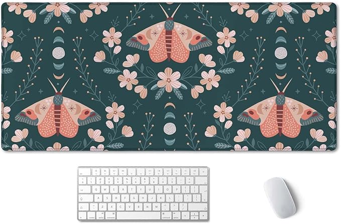 SSOIU Extended Gaming Mouse Pad (35.5x15.7 in), Large Non-Slip Rubber Base Mousepad with Stitched Edges, Waterproof Keyboard Mouse Mat Desk Pad for Work, Game, Office, Home - Floral Moon Moth