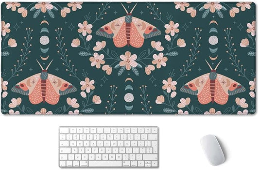 SSOIU Extended Gaming Mouse Pad (35.5x15.7 in), Large Non-Slip Rubber Base Mousepad with Stitched Edges, Waterproof Keyboard Mouse Mat Desk Pad for Work, Game, Office, Home - Floral Moon Moth