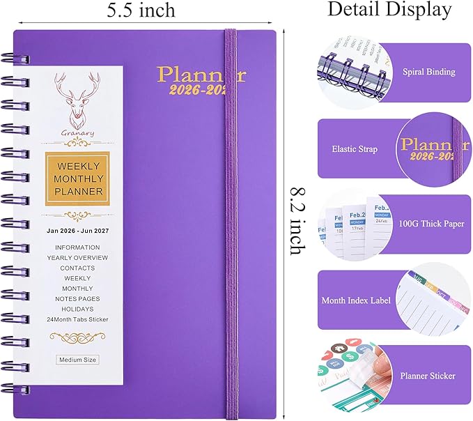 Daily Planner 2026-2027, Weekly and Monthly Planner 2026-2027 Academic Year, January 2026-June 2027 Calendar Planner, 8.2"×5.5", 18 Months, Agenda Book for Teacher, School Student(JAN.2026-JUN.2027 Deep Purple)