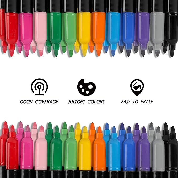 Dabo&Shobo Wet Erase Markers, 48-Count Smudge-Free, 12 Colors Fine Tip, Erases with Water! Low Odor Markers for Office, School & Home