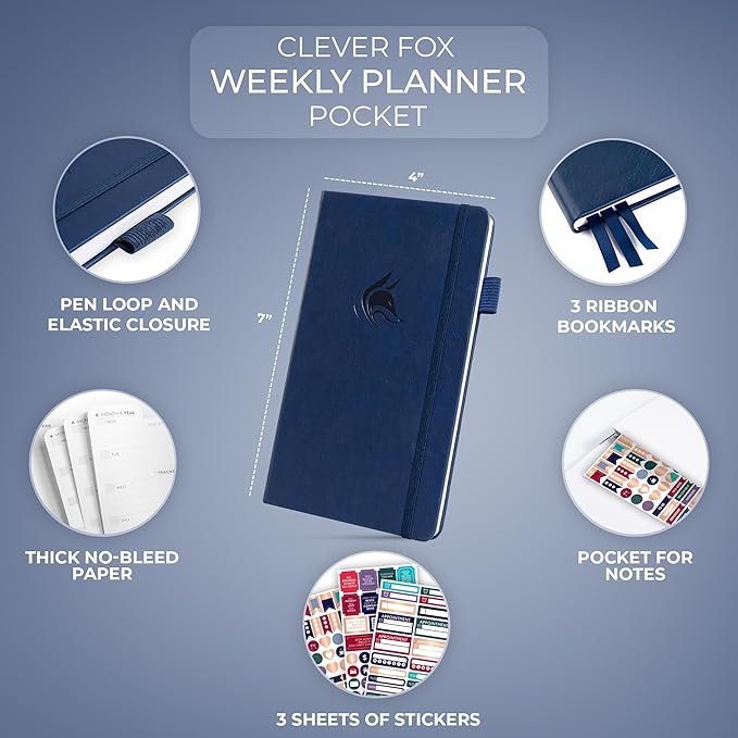 Clever Fox Pocket Planner Weekly – Undated Monthly Goal Planner and Calendar, Mini Planner Perfect for Purse, 3.7x6.7" (Dark Blue)