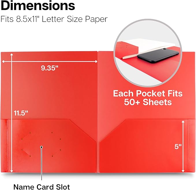 Dunwell Plastic Folders with Pockets (Red, 3 Pack), 2 Pocket Poly Folders for School, Home or Office, Durable Acid-Free Poly, Includes Removable Adhesive Labels