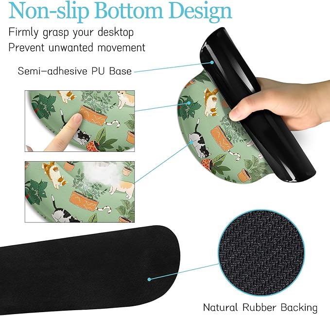 Cat Mouse Pad XXL Desk Mat Set, Green Ergonomic Mouse Pad with Wrist Rest, Large Gaming Mousepad Wrist Support Keyboard Mat Cup Coaster Set Cute Office Desk Decor Accessories