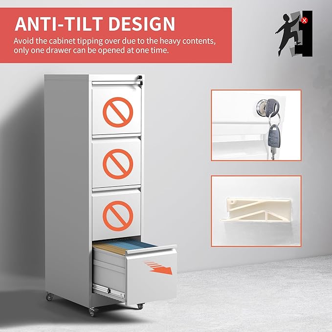 4 Drawer Locking File Cabinet with Wheels,White Metal Mobile Filing Cabinets,Vertical File Cabinet for Home Office,Heavy Duty Rolling Storage Cabinet for A4/Letter/Legal Size,Assembly Required