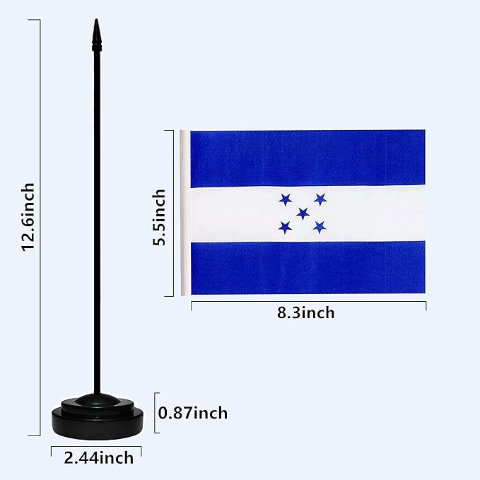 Honduras Honduran Deluxe Desk Flag Set Small Mini Miniature Honduras Honduran Table Desktop Flags With Solid Pole, Black Base and Spear Top (2 Pack)