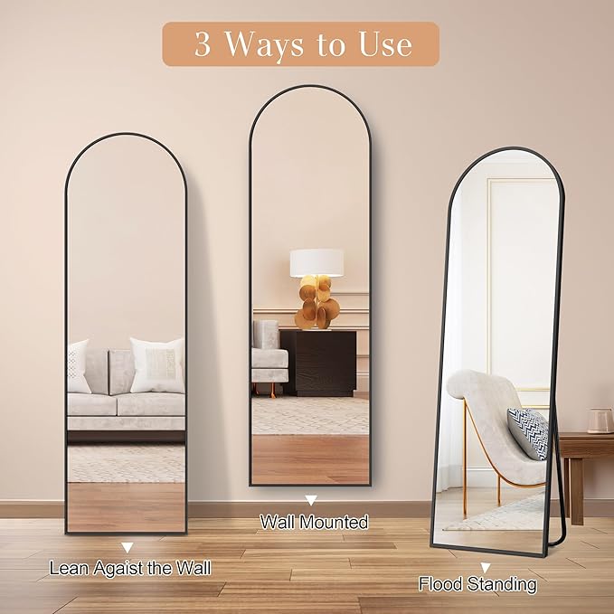 Arched Full Length Mirror, 58" x 18" Floor Mirror with Stand – Shatterproof Tempered Glass, Modern Aluminum Frame, Multi-Mount for Bedroom, Living Room, Gym, Black