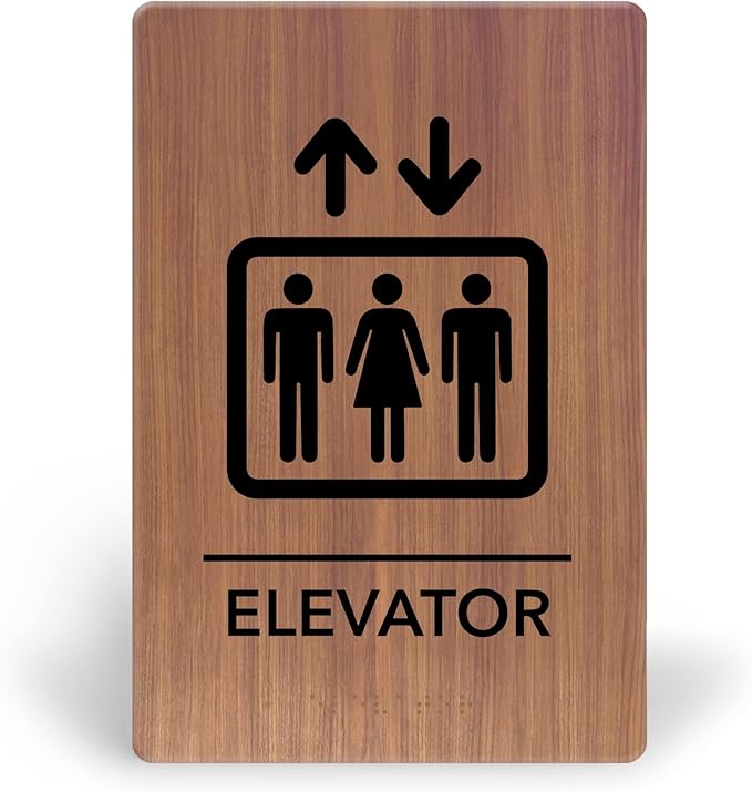 Promot Elevator Sign – ADA Braille Elevator Decor for Business, Self-Adhesive, 9" x 6", Commercial Door Signage, Office Wall Decor - Chestnut