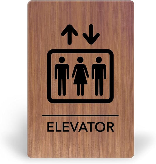 Promot Elevator Sign – ADA Braille Elevator Decor for Business, Self-Adhesive, 9" x 6", Commercial Door Signage, Office Wall Decor - Chestnut