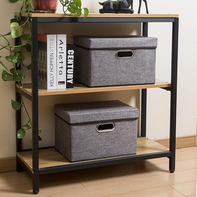 PRANDOM Foldable Storage Boxes with Lids [1-Pack] Linen Fabric Collapsible Storage Bins Organizer Containers Baskets Cube with Cover for Home Bedroom Closet Office Nursery (14.9x9.8x9.8)