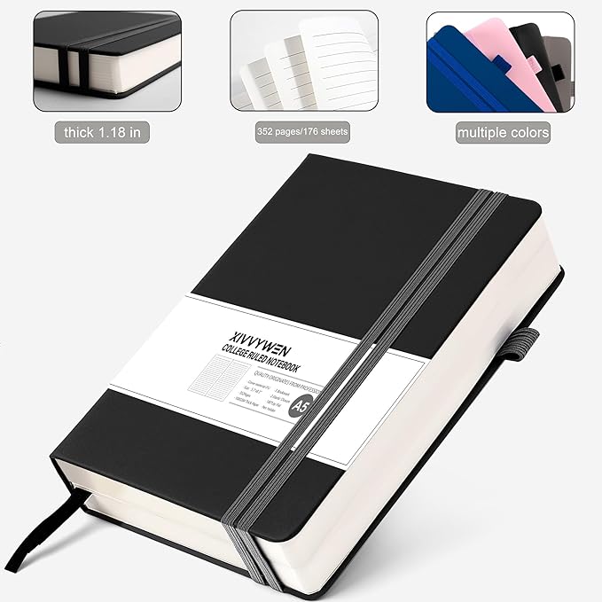 Lined Journal Notebook for Women Men, 352 Pages A5(5.7" x 8.3")College Ruled Hardcover Leather Journals for Writing, Daily Journal Notebooks for Work, Note Taking, Travel, School, Business (Black)