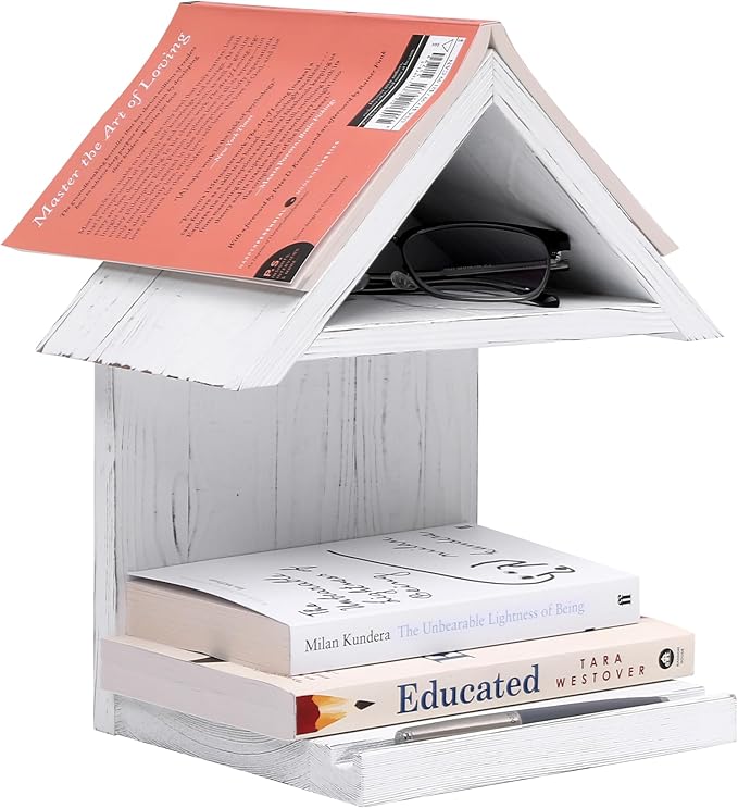 Wooden Floating Bedside Bookshelf, Desktop Book Stand, Mini Library Shelf for Glasses, Side Table Book Lover Organization (White)