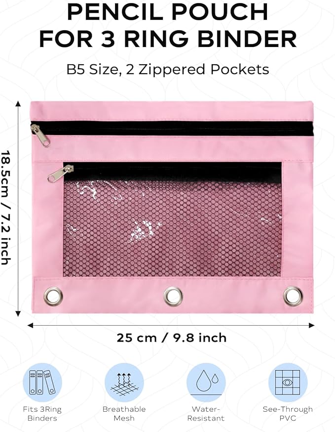 3 Ring Binder Pencil Pouch - School Pencil Case with 2 Zippered Pockets, Clear Mesh Window Pencil Bag, B5 Size, Back to School Gifts (Pink)