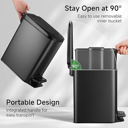 TIPGO Slim Bathroom Trash Can with Lid Soft Close, Step Pedal, 6 Liter / 1.6 Gallon Stainless Steel Trash Bin, Small Garbage Cans for Bedroom, Office, Kitchen (Matte Black)