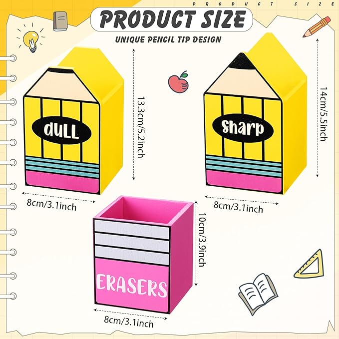 3 Pcs Sharp and Dull Pencil Holder Eraser Buckets Wooden Shaped Dispenser Finished Pen Holder No Diy for Back to School Teachers Classroom Management(Stylish)