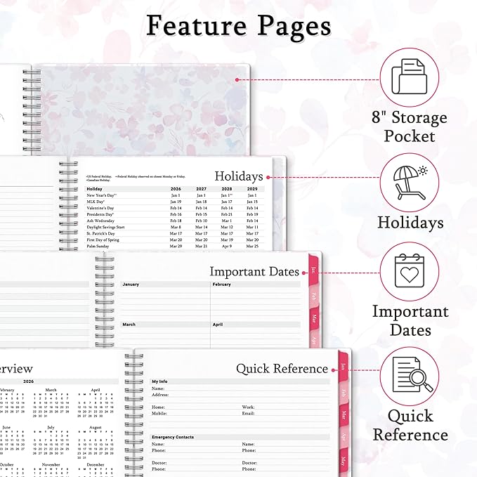 CRANBURY Daily Planner 2026, 8.5x11 Appointment Book, Jan to Dec 2026, 15-Min Hourly Scheduler, Large Planner Book with Colorful Tabs, Premium Paper (Blossoms)