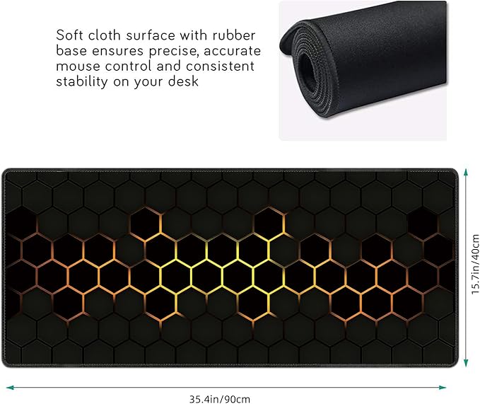 Hexagon Honeycomb Golden Large Mouse Pad, Gaming Desk Mat, XXL Extended Keyboard Desk Pad, 35.4"x15.7" Non-Slip Rubber Base Big Mousepad with Stitched Edges for Home and Office