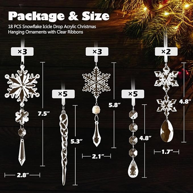 18PCS Clear Christmas Snowflake Icicle Hanging Ornaments Acrylic Crystal Christmas Tree Decorations with Drop Pendants for Xmas Winter Wonderland New Year Party Supplies
