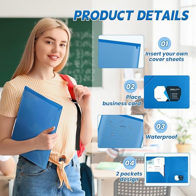 Henoyso 60 Pcs Plastic Folders with Clear Front Pockets Heavy Duty File Folders with 2 Pockets and Card Slot for Student Communication School Office Presentation Report (Blue)