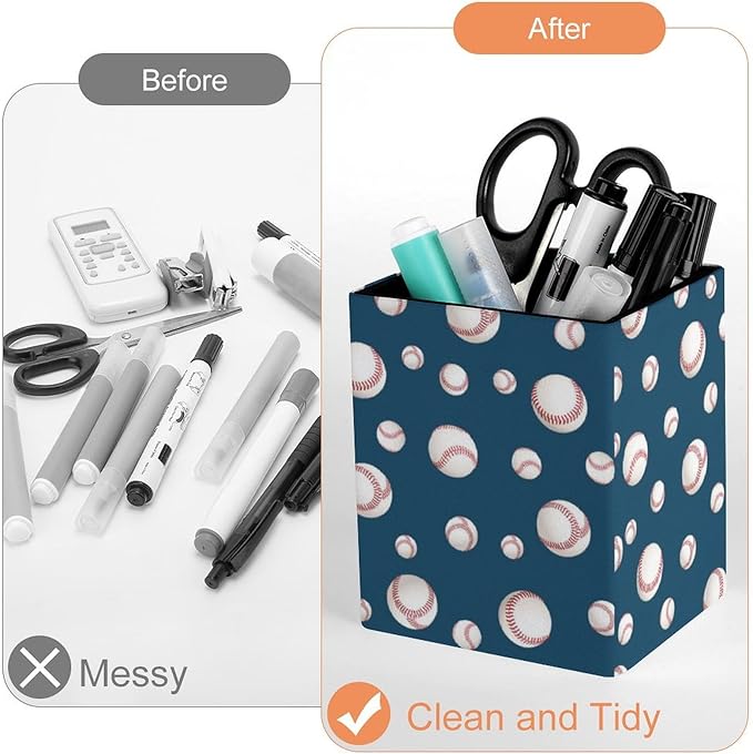 Square Pen Holder & Pencil Organizer for Desk - Office Storage Organizer, Markers/Makeup Brushes/Scissors Holder, Compact Desk Decor Accessories for Home Classroom School(Baseball)