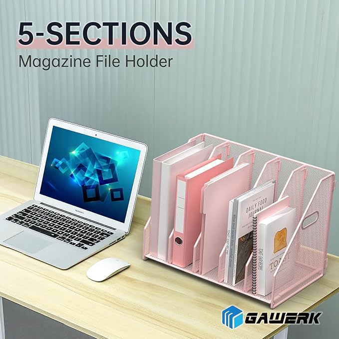 Desk File Organizer Metal Desk Magazine Folder Holder with 5 Vertical Compartments Rack File Organizer for Office, Home, School (Pink)