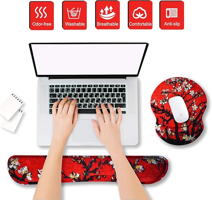 ArtSo Upgraded Wrist Rest Support for Mouse Pad & Keyboard, Ergonomic Gel Mousepad Non-Slip Rubber Base Home,Office Pain Relief, Easy Typing Cushion Neoprene, Soft Memory Foam, Red Van Gogh Painting