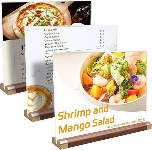 Acrylic Sign Holder 8.5 x 11 with Wood Color Base, 3 Pack Clear Tabletop Double-Sided T Shape Display Sign Frame Horizontal for Store/Coffee Shop/Office/Hotel Business Display Holder