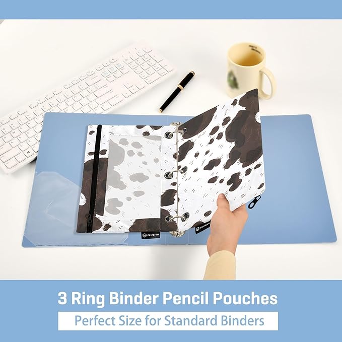 ZAZYXTJ Cow Print Binder Pencil Pouchs 3 Ring with Zipper Clear Window Office Organizers bag for School Students Teacher Supplies 2 Pack