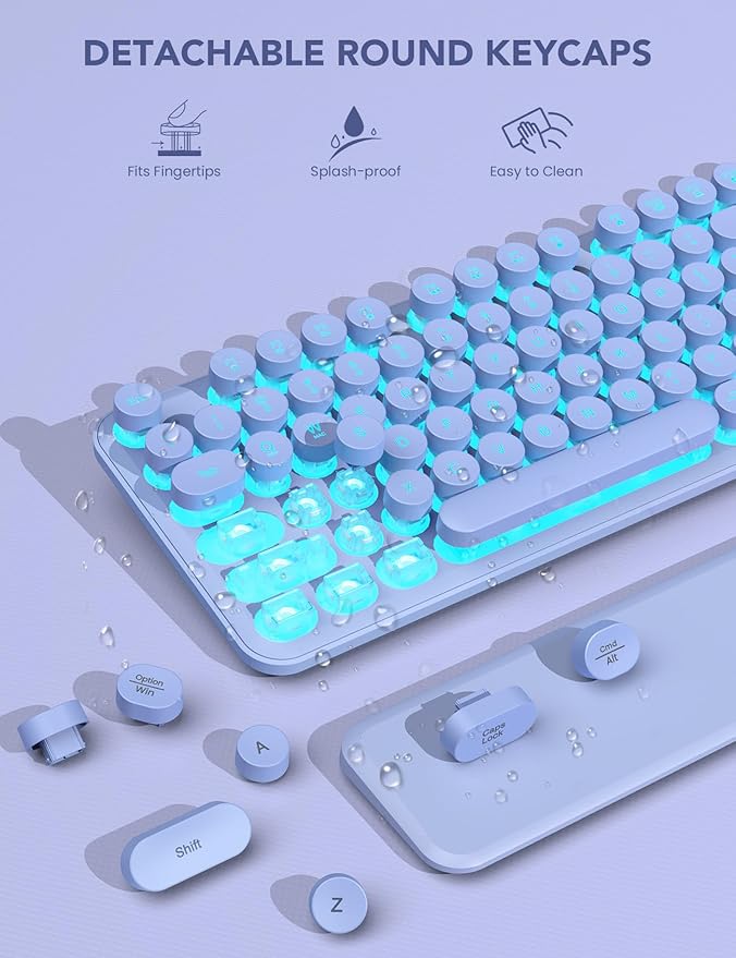 Wireless Keyboard and Mouse Backlit - Typewriter Keyboard with Retro Round Keycaps, Detachable Wrist Rest, Light Up Letters, 2.4G Rechargeable Combo for Mac, Windows, PC, Laptop, Trueque (Purple)